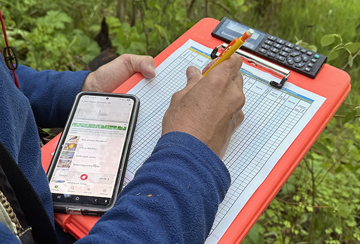 An image of a person writing bird calls on a clipboard.
